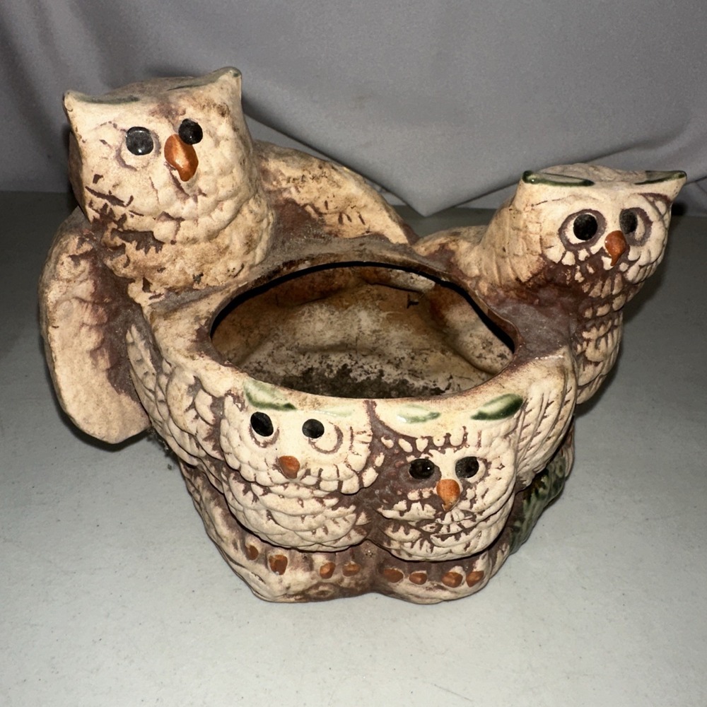 Vintage 70s Ceramic Owl Family Planter Mat Bisque Boho Decor